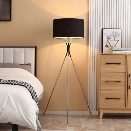 Toršeras Trikojis Elegantiškas svetainės toršeras 40W, E27, audinio gaubtas ir metalinis pagrindas, juodas + sidabrinis, 40W