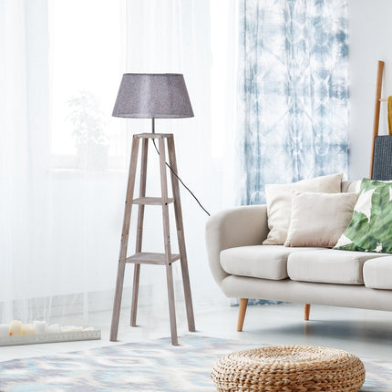 Scandinavian floor lamp with shelf, pine & linen