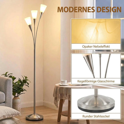 Floor Lamp with 3 Glass Shades, Foot Switch, 3 x E14, 40 W, Silver