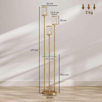 Floor Lamp with Glass Shelf, 3 Glass Shades and Foot Switch, Gold, 177 cm