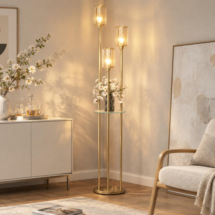 Floor Lamp with Glass Shelf, 3 Glass Shades and Foot Switch, Gold, 177 cm