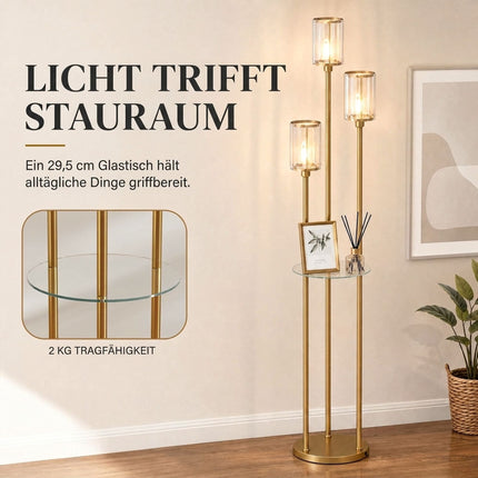 Floor Lamp with Glass Shelf, 3 Glass Shades and Foot Switch, Gold, 177 cm