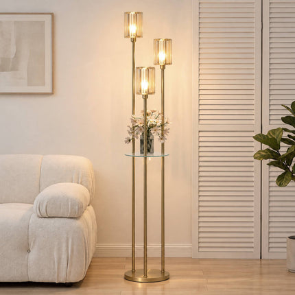 Floor Lamp with Glass Shelf, 3 Glass Shades and Foot Switch, Gold, 177 cm