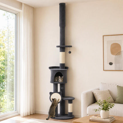 Floor-to-Ceiling Cat Tree 225-255 cm with Cave and Hammock, Dark Grey