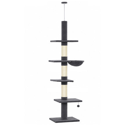 Floor-to-Ceiling Cat Tree 225-255 cm with Hammock, 5 Levels, Dark Grey