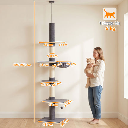 Floor-to-Ceiling Cat Tree 225-255 cm with Hammock, 5 Levels, Dark Grey