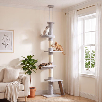Floor-to-Ceiling Cat Tree 230-260 cm with 5 Levels, 3 Sisal Posts, Light Grey