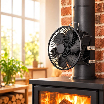 Flue Pipe Stove Fan with Guard and 6 Blades, Clamp Mounting, Black