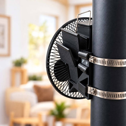 Flue Pipe Stove Fan with Guard and 6 Blades, Clamp Mounting, Black