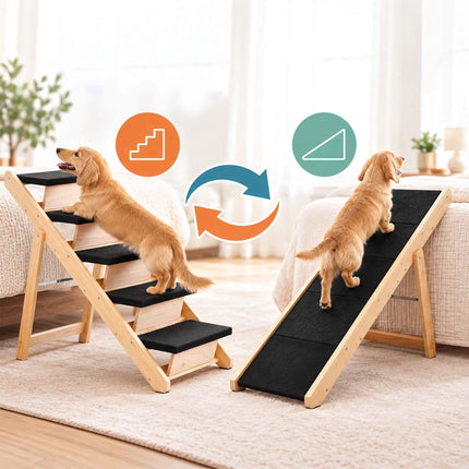 Foldable Dog Stairs and Ramp 2-in-1 with 3 Steps, Up to 50 kg, Pine Wood
