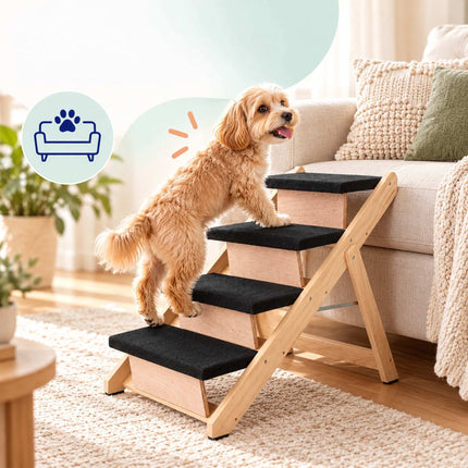 Foldable Dog Stairs and Ramp 2-in-1 with 4 Steps, Up to 50 kg, Pine Wood