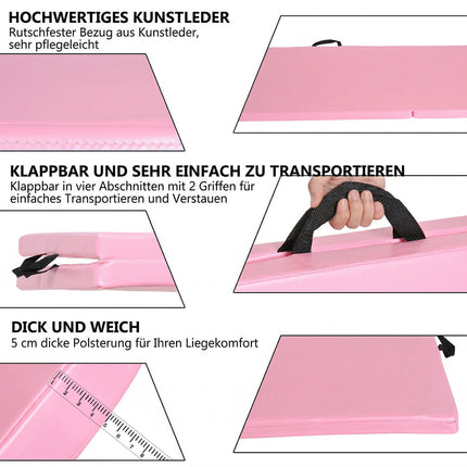Sulankstomas fitneso kilimėlis su rankenomis, 180x60x5 cm, rožinis