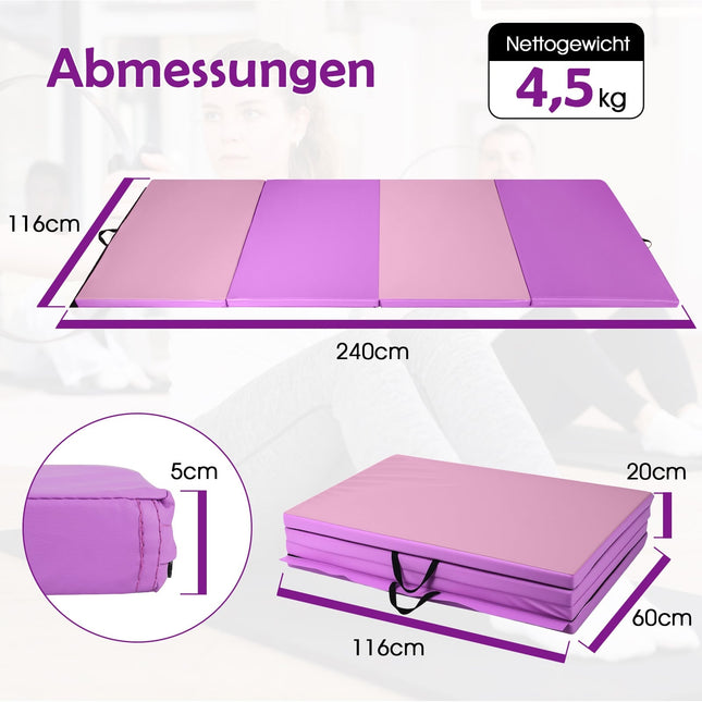 Sulankstomas gimnastikos kilimėlis, 240x116x5 cm, violetinis/rožinis