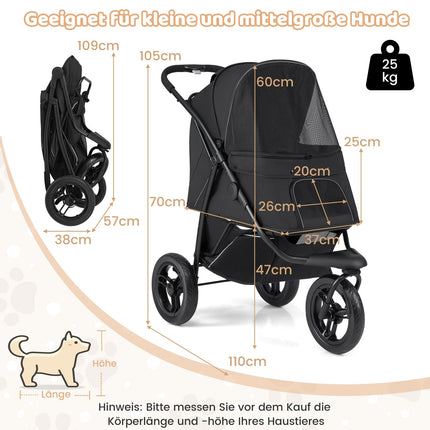 Sulankstomas vežimėlis augintiniams, 3 ratukai, 25 kg talpa, juodas