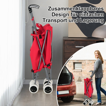 Sulankstomas pirkinių vežimėlis su ratukais, talpa 90 l / 55 kg, rankinis vežimėlis su nuimamu Oksfordo krepšiu, raudonas
