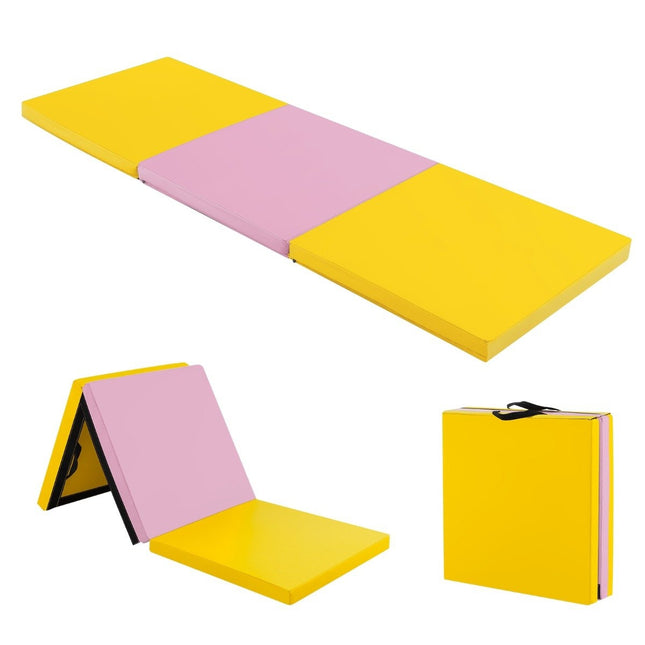 Sulankstomas minkštas gimnastikos kilimėlis su 2 rankenomis, neslystantis, 180 x 60 x 5 cm, rožinis + geltonas