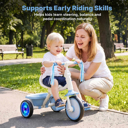 Foldable Toddler Tricycle with Light-Up Wheels for Ages 2-5, Blue, Rear Basket