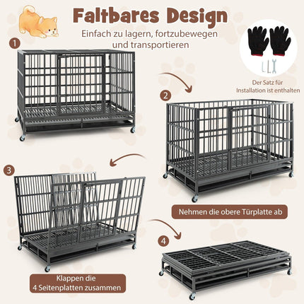 Foldable dog cage with 2 doors &amp; Roles &amp; extendable tray transport cage transport box 120 x 76 x 90 cm