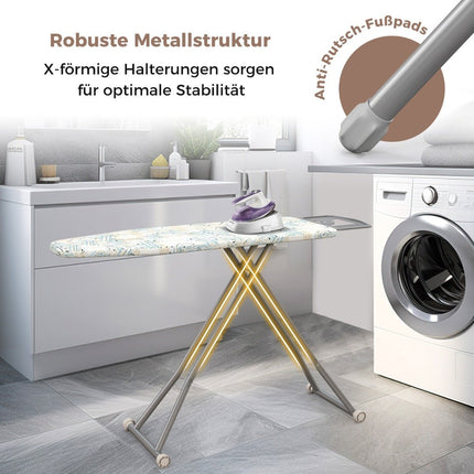 Sulankstoma lyginimo lenta su lygintuvo laikikliu ir 7 reguliuojamo aukščio lyginimo stalas, kurio keliamoji galia iki 30 kg, dryžuotas L