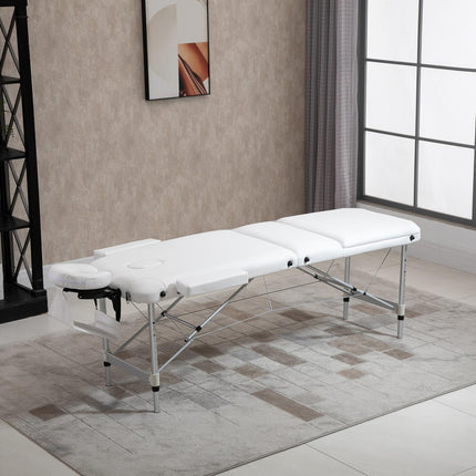 Sulankstomas masažo stalas, reguliuojamo aukščio su pagalvėle, skirtas salonui ir SPA, plastikinis ir aliuminis, baltas, 215 x 60 x 61-84 cm