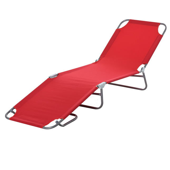 Red folding sun lounger, adjustable metal backrest