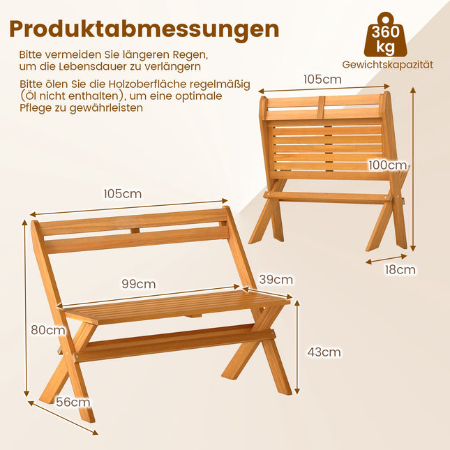 Sulankstomas akacijos medienos suolas, 2 vietų, 360 kg keliamoji galia