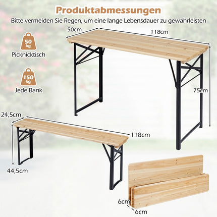 Sulankstomas alaus sodo komplektas su stalu ir 2 suoliukais, 118 cm