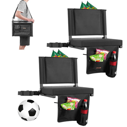 Folding Bleacher Seat with Back Support, Cup Holder, Black