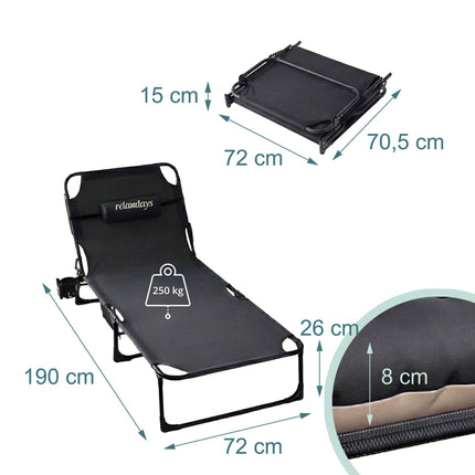 Folding Camping Bed 250 kg with Mattress and Pillow, Side Pocket, Black