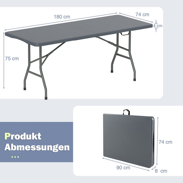 Sulankstomas kempingo stalas, 180x74 cm, HDPE stalviršis, metalinės kojos