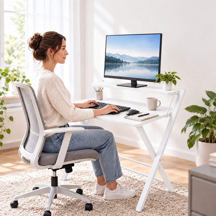 Folding Computer Desk with Monitor Riser and 2 Levels, 20 kg Load, White