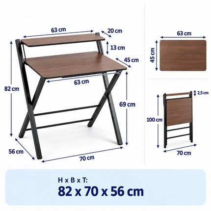 Folding Computer Desk with Monitor Stand, 2 Tiers, Brown Wood Look, Black Frame