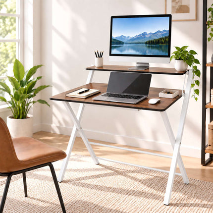 Folding Computer Desk with Monitor Stand, 2 Tiers, Brown Wood Look, White Frame
