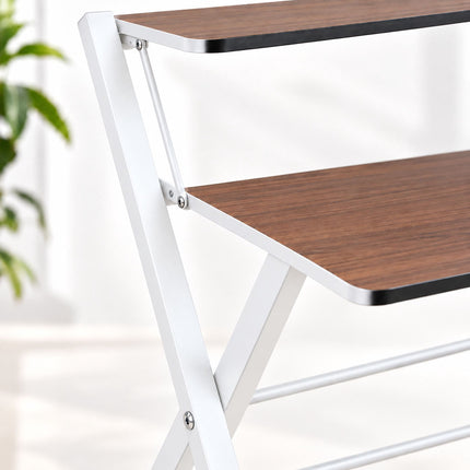 Folding Computer Desk with Monitor Stand, 2 Tiers, Brown Wood Look, White Frame