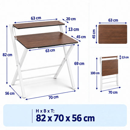 Folding Computer Desk with Monitor Stand, 2 Tiers, Brown Wood Look, White Frame