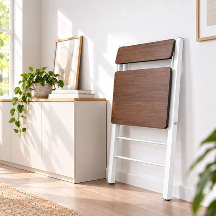 Folding Computer Desk with Monitor Stand, 2 Tiers, Brown Wood Look, White Frame