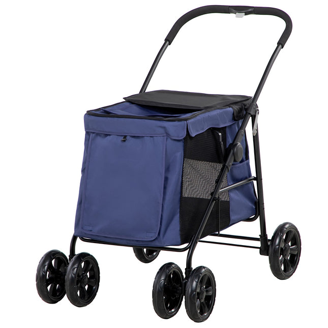 Sulankstomas šunų vežimėlis su pagalvėle, šoninėmis kišenėmis, tinklelio langeliu, mažiems ir vidutinio svorio šunims iki 20 kg, Oksfordo audinys, mėlynas