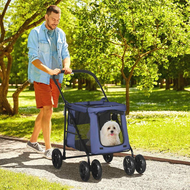 Sulankstomas šunų vežimėlis su pagalvėle, šoninėmis kišenėmis, tinklelio langeliu, mažiems ir vidutinio svorio šunims iki 20 kg, Oksfordo audinys, mėlynas