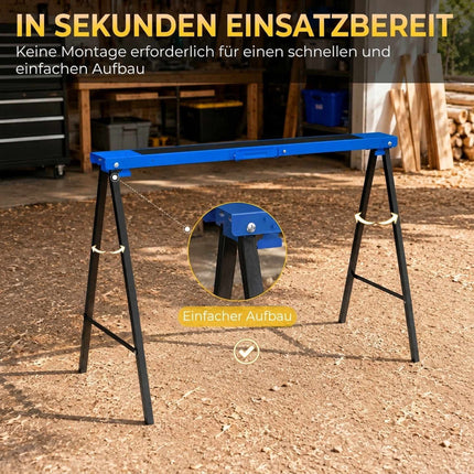 Folding Metal Sawhorse Set of 2 with Anti-Slip Pad, Up to 250 kg, Blue