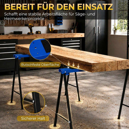 Folding Metal Sawhorse Set of 2 with Anti-Slip Pad, Up to 250 kg, Blue