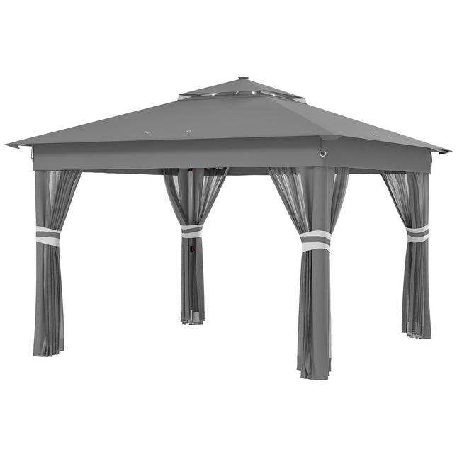 Sulankstomas paviljonas, maždaug 3 x 3 m, paviljonas su LED, 4 tinklinės užuolaidos, šoninė siena, sodo paviljonas su vandens maišu, dvigubas stogas, nešiojimo krepšys, tamsiai pilkas