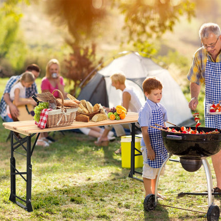 Sulankstomas pikniko stalas, medinis, reguliuojamo aukščio, su skyle skėčiui