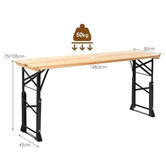 Folding Picnic Table, Wood, Adjustable Height, Umbrella Hole
