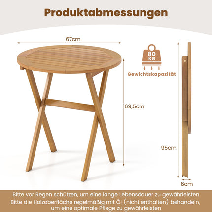 Sulankstomas apvalus sodo stalas iš akacijos medienos, 67 cm skersmens