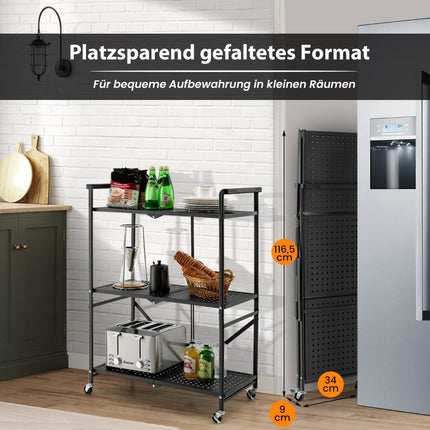 Sulankstomas serviravimo vežimėlis su 4 ratukais, 3 pakopų metalinė lentyna virtuvei ir biurui, juodas
