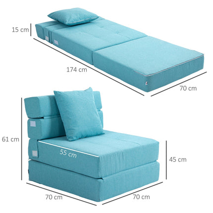 Sulankstoma miegamoji sofa-lova, 2 viename sulankstoma sofa su lovos funkcija, poilsio kėdė su pagalvėmis, svečių lova, keliamoji galia iki 100 kg, mėlyna