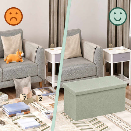 Folding Storage Bench with Teddy Fabric for 2 People, Sage Green, 80 L