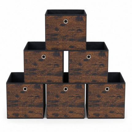 Folding Storage Box Set of 6 with Wood-Look Finish, Brown, 30 x 30 x 30 cm