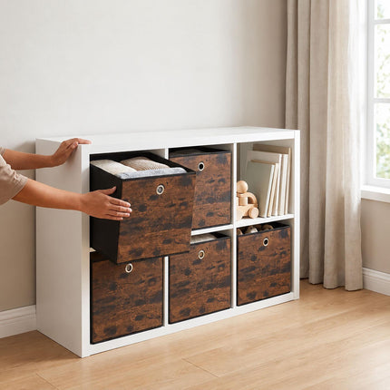 Folding Storage Box Set of 6 with Wood-Look Finish, Brown, 30 x 30 x 30 cm