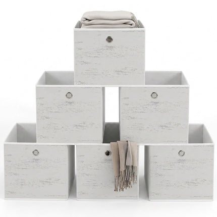 Folding Storage Box Set of 6 with Wood-Look Finish, White, 30 x 30 x 30 cm
